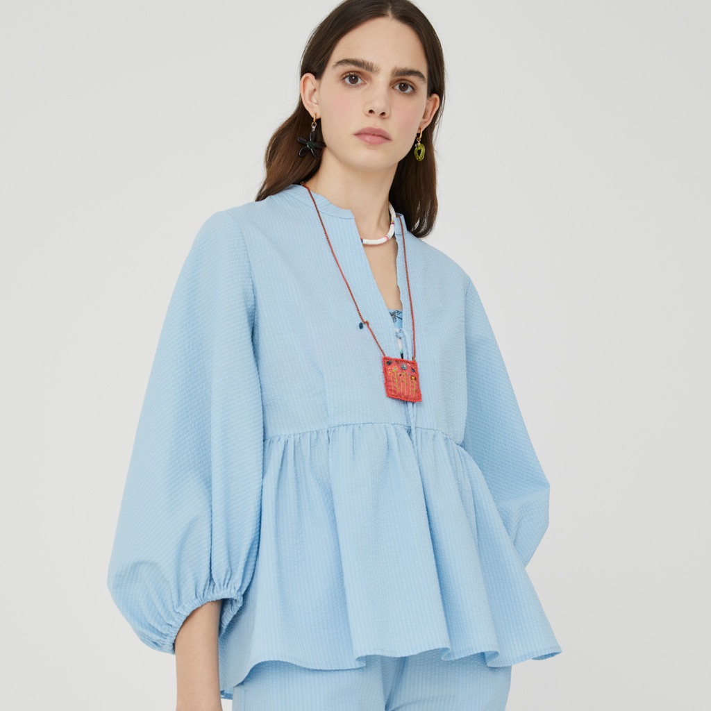 Beatrice Seersucker Blue Vneck Ballon Sleeve Blouse L